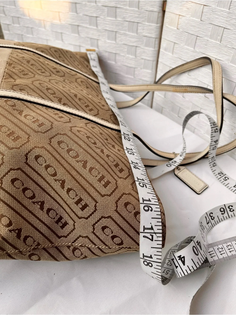 2008 Coach Tan Brown Logo Stripe Tote Bag